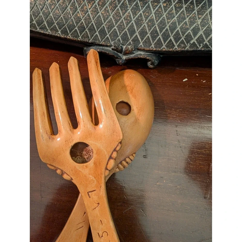 Vintage 1961 Large Ceramic 16in Fork and Spoon Wall Decor Set Faux Wood